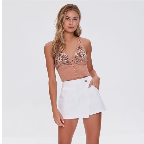 NWT Forever 21 boho gauze embroidered floral strappy button down crop top - Picture 3 of 10